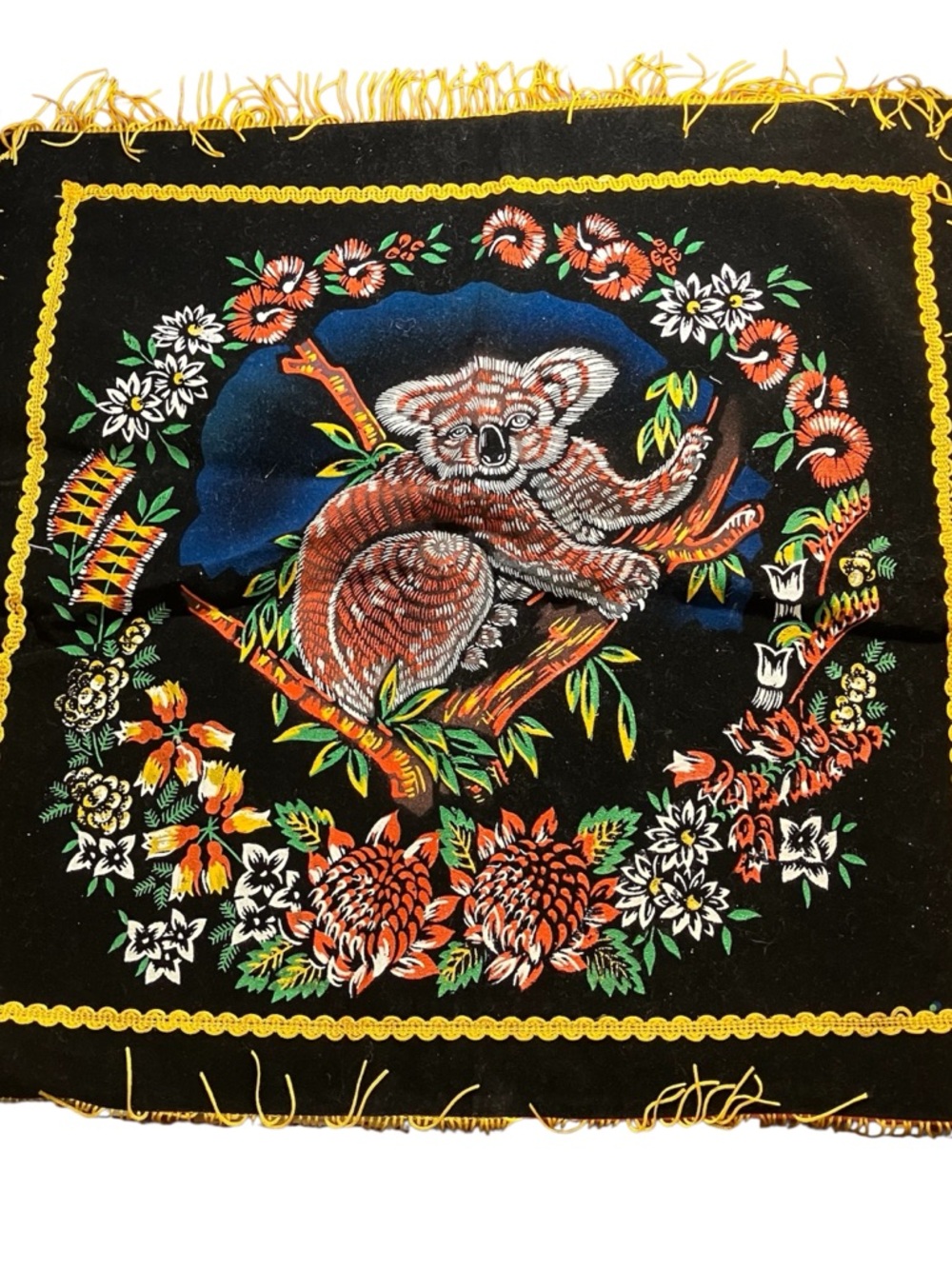 Vintage Australian Souvenir Black Velvet Koala Pillow Case Made in Japan
